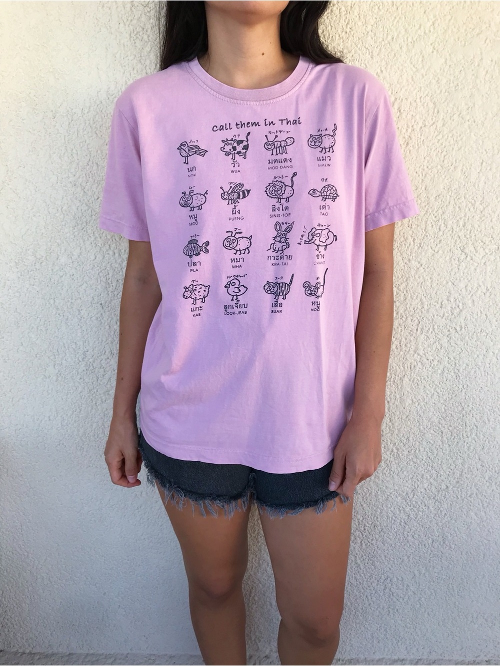 90s Vintage Pink Graphic Tee with Animal Illustrations /Thai Words / Crew Neck - Picture 2 of 6